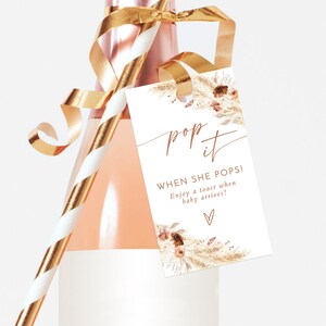 May include: A bottle of pink champagne with a gold foil ribbon and a striped straw. A tag with the words "pop it" and "When she pops! Enjoy a toast when baby arrives!" is attached to the bottle.