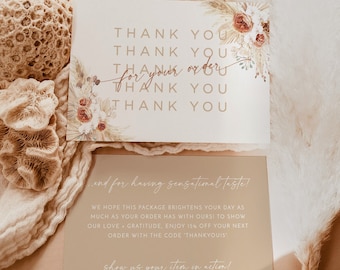 Tarjeta de agradecimiento bohemia para pequeñas empresas, hierba de la pampa para su pedido, prospecto moderno, descarga instantánea, plantilla editable, tamaño A2