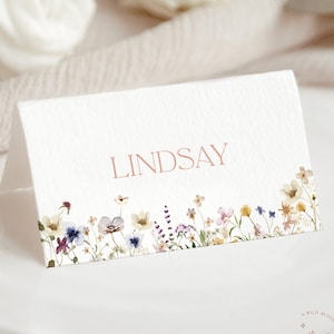 Tarjeta de lugar de despedida de soltera de flores silvestres, tarjetas de lugar florales, tarjetas de acompañante, tarjetas de nombre de boda modernas, plantilla editable, W1