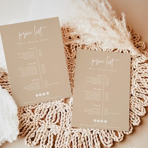 Modelo de lista de preços Boho para pequenas empresas, lista de preços de beleza, lista de preços de salão moderno, modelo de folha de preços editável, lista de preços de spa