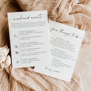 Minimalist Wedding Events Card | Modern Weekend Events | Wedding Itinerary Template | Welcome Bag | Editable Wedding Timeline Schedule | M9