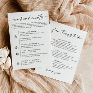 Carte d'événements de mariage minimaliste, événements de week-end modernes, modèle d'itinéraire de mariage, sac de bienvenue, calendrier de mariage modifiable, M9