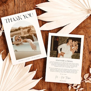 Tarjeta de agradecimiento de boda moderna, tarjeta de agradecimiento con foto de boda, tarjeta de agradecimiento de boda minimalista, boda minimalista moderna, plantilla editable M6