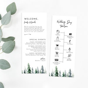 May include: A wedding invitation with a watercolor forest background. The invitation includes a welcome message, a list of special events, and a wedding day timeline. The text includes the names Gemma and Skyler.