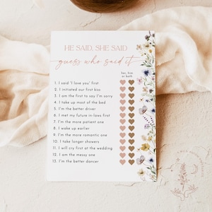 Wildflower He Said She Said Game, Boho Bridal Shower Game, Editable Guess Who Said It Bridal Trivia, Flroal Bridal Shower Game, W1