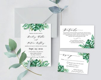 Tropical Wedding Invitation Template | Destination Wedding Invite | Watercolor Tropical Greenery Palm Leaf | Editable, Instant Download