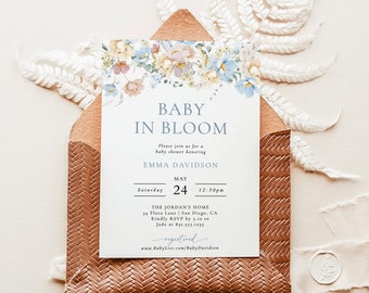 Baby in Bloom Baby Shower Invite | Spring Flowers Baby Shower | Boy Baby Shower | Modern Floral Baby Shower Invite | Editable Template | W8