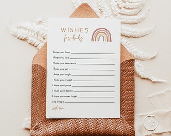 Rainbow Wishes for Baby Shower Card, Baby Keepsake, Gender Neutral Baby Shower Game, Editable Template, Muted Tones Boho Baby Shower RB1