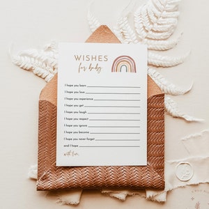Deseos del arco iris para la tarjeta de baby shower, recuerdo del bebé, juego de baby shower de género neutro, plantilla editable, tonos apagados Boho Baby Shower RB1