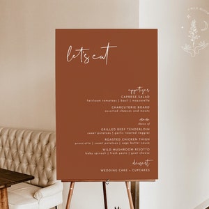 Modern Minimalist Dinner Menu Sign | Terracotta Food Menu Template | Burnt Orange Wedding Sign | Dinner Menu Poster | Let's Eat Sign | T2