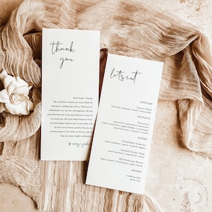 Menú minimalista + plantilla de carta de agradecimiento, nota de servilleta de boda, menú de boda gracias, lugar moderno gracias, M4