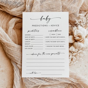 Tarjeta minimalista de predicciones de bebés, tarjeta de consejos y deseos para padres, baby shower de género neutro, juegos de baby shower, plantilla editable M9