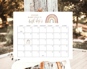Rainbow Baby Due Date Calendar Game, Baby Prediction Due Date Game, Gender Neutral Shower, Guess Baby's Birth Date Poster Template RB1