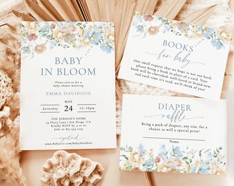 Könnte beinhalten: Eine Babyparty-Einladung mit floralem Design. Die Einladung ist für Emma Davidson und trägt den Titel "Baby in Bloom". Die Einladung enthält Datum, Uhrzeit und Ort der Party. Es gibt auch zwei Karten für Gäste, die Bücher und Windeln für das Baby mitbringen sollen.