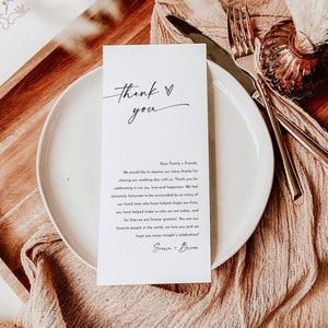 Modern Thank You Letter | Wedding Napkin Note | Wedding Menu Thank You | Editable Template | Minimalist Place Setting Thank You | M9