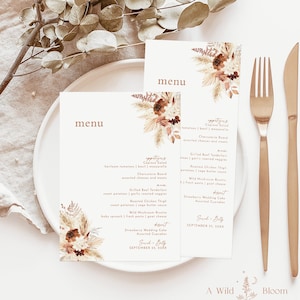 Modello menu di nozze erba di pampa, menu di nozze in terracotta, matrimonio arancione bruciato, modello di menu Boho, modello di menu di nozze, A4