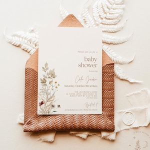 Boho Baby Shower Invite, Fall Baby Shower Invite, Neutral Baby Shower Invite, Rustic Wildflower Baby Invitation, Editable Template, F4