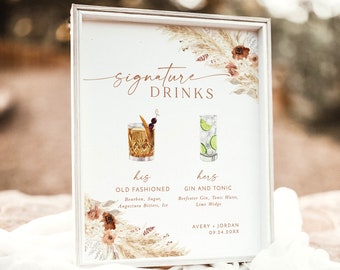 Signature Drinks Sign Template | Boho Signature Cocktail Sign | Wedding Bar Menu Sign | His and Hers Bar Sign | Editable Template | A4