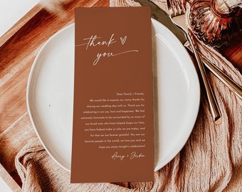 Terracotta Wedding Napkin Note, Fall Thank You Letter, Desert, Minimalist Place Setting, Instant Download, Editable Template, T2