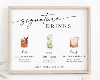 Signature Drinks Sign Template | Signature Cocktail Sign | Minimalist Wedding Bar Menu Sign | His Hers Ours Bar Sign | Editable Template M9