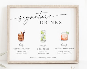 Signature Drinks Sign Template, Signature Cocktail Sign, Minimalist Wedding Bar Menu Sign, His Hers Ours Bar Sign, Editable Template M9