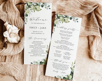 Wedding Program Editable Template | Greenery Watercolor Eucalyptus Leaves | Calligraphy 4x9" Order of Service | Printable Instant Download