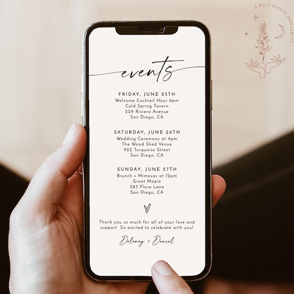 Minimalist Weekend Itinerary, Digital Template, Electronic Events, Editable Wedding, Instant Download, Bachelorette Party, M9