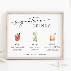 May include: A printable wedding sign featuring a watercolour illustration of three cocktails. The sign reads "Signature Drinks" with the names "His Old Fashioned", "Ours Gin + Tonic", and "Hers Paloma Margarita" and their ingredients listed below. The sign also includes the couple's names and wedding date.