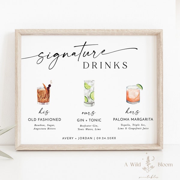Signature Drinks Sign Template, Signature Cocktail Sign, Minimalist Wedding Bar Menu Sign, His Hers Ours Bar Sign, Editable Template M9