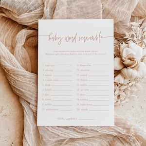 Baby Word Scramble Game Template, Modern Minimalist Baby Shower, Girl Baby Shower, Baby Word Puzzle, Boho Baby Shower Game, BM1