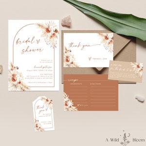 Bohemian Bridal Shower Invite, Minimalist Bridal Shower Bundle, Recipe Card, Pampas Grass Bridal Shower, Boho Bridal Shower Invite, A2