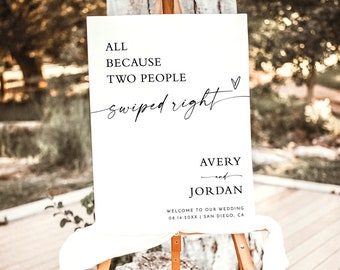 Minimalist Wedding Welcome Sign, All Because Two People Swiped Right, Modern Poster, Instant Download, Editable Template, M9
