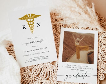 Nurse Graduation Party Invite Template, Minimalist RN Announcement, BSN, Photo, Instant Download, Editable Template