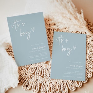 Minimalist Baby Shower Invitation, It's a Boy, Boy Baby Shower, Boho Boy Baby Shower Invite, Blue Modern Baby Shower Invite, BM1