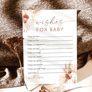 Souhaits bohèmes pour carte de baby shower, baby shower bohème, douche d'herbe de la pampa, souvenir de bébé, baby shower de fille, modèle modifiable, A2