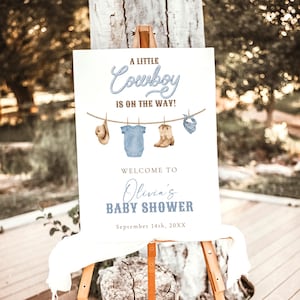 Modello di cartello di benvenuto per baby shower da cowboy, un piccolo cowboy è in arrivo, baby shower blu polvere per bambini, stendibiancheria da cowboy, C1