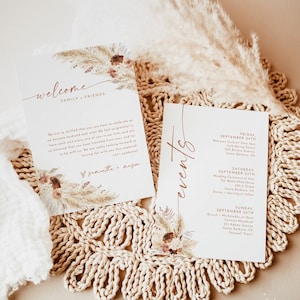 Kaart boho-huwelijksevenementen, weekendevenementen, sjabloon bruiloft reisplan, welkomsttas, bewerkbaar tijdlijnschema bruiloft, A4