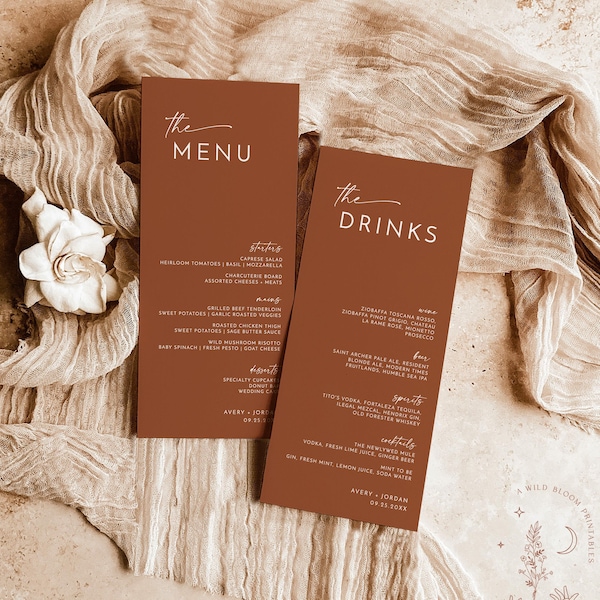 Modèle de menu de mariage minimaliste, menu de mariage en terre cuite, menu de mariage bohème, menu de mariage du désert, modèle de menu modifiable, T2