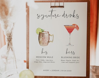 Signature Drinks Sign Template | Signature Cocktail Sign | Minimalist Wedding Bar Menu Sign | His and Hers Bar Sign | Editable Template | M4