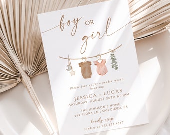 May include: A gender reveal invitation with a watercolor illustration of two baby onesies hanging on a clothesline. The text reads "boy or girl" and includes the names Jessica and Lucas, the date and time of the event, and the address. The invitation also includes the text "kindly rsvp" and a phone number.