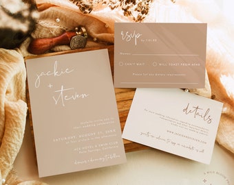 Plantilla de invitación de boda moderna en beige, invitación minimalista con estilo desértico, minimalista, descarga instantánea, plantilla editable, BM1