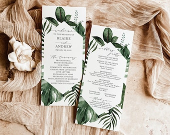 Editable Wedding Program Template | Printable Order of Service | Tropical Watercolor Greenery Monstera Palm Leaves | Instant Download