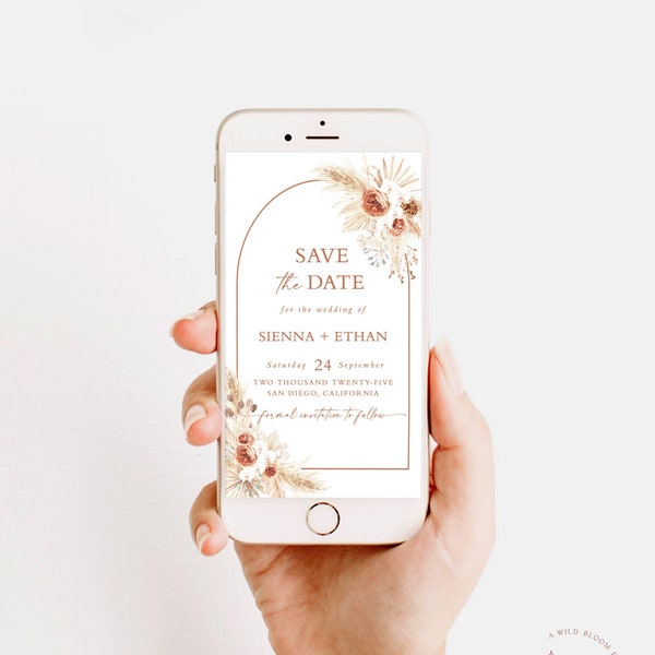 Digital Save the Date Evite | Boho Save the Date | Pampas Grass Save the Date | Electronic Boho Save the Date Template | Boho Arch | A2