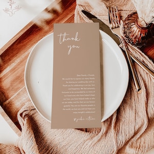 Carta de agradecimiento beige, nota de servilleta de boda, menú de boda gracias, gracias bronceado, ajuste de lugar minimalista gracias, BM1
