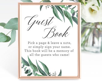 Printable Guest Book Sign Eucalyptus Watercolor Baby Shower, Greenery Leaves, Please Sign The Guest Book, Non-Editable Instant Download