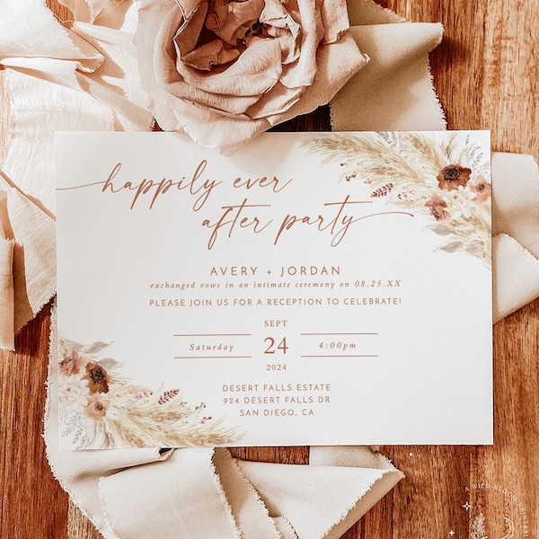 Happily Ever After Party Invite , Reception Party Invitation , Boho Wedding Elopement Announcement Card , Boho Reception Invite , A4