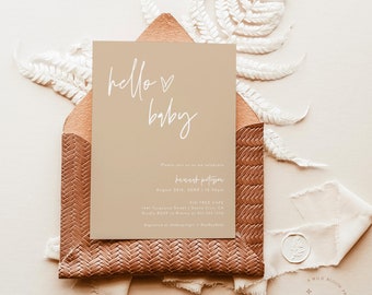 Minimalist Baby Shower Invitation, Gender Neutral Baby Shower, Hello Baby Invite, Modern Beige Baby Shower Invite, Editable Template BM1