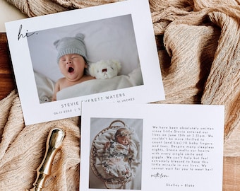 Birth Announcement, Photo Baby Card, Newborn, Minimalist, Modern, Instant Download, Editable Template