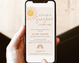 Text Sunshine Baby Shower Invite, Boho Sun, Digital Evite, Little Ray, Instant Download, Editable Template, S2