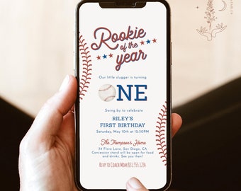 Baseball First Birthday Text Invite, Digital Rookie of the Year Invite, Baseball Birthday Party, Boy Birthday, Editable Template, R2